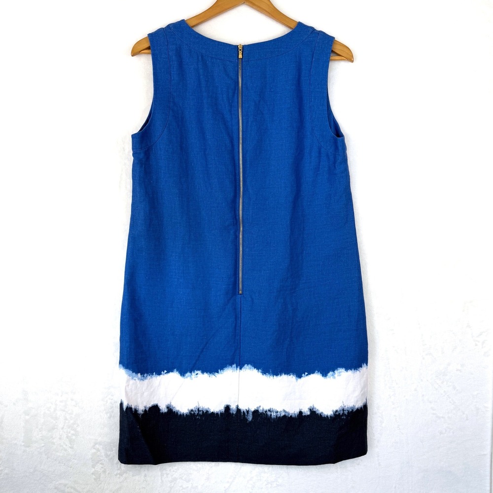 J.Crew Blue Linen Dip Dye Colorblock Shift Dress Sleeveless Pockets Size 4 - Picture 2 of 10